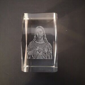 Religious Clear Glass Laser Cut Etched  Paperweight Jesus 3" High 2 Sided